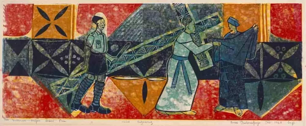 Station VI: Veronica wipes the face of Jesus, 1969 by Bruce Onobrakpeya depicts this bible scene using Nigerian traditional motives Nigerian, born 1932 Linoleum block print on rice paper 11 7/8 x 25 3/8 inches