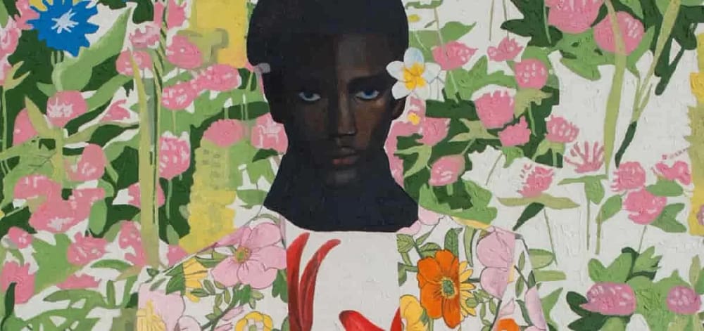 This detail from the painting titled The Deification of Legba by Wole Laguju shows how the artist is using flowers to interrogate the perception of African culture in Western metropolises.
