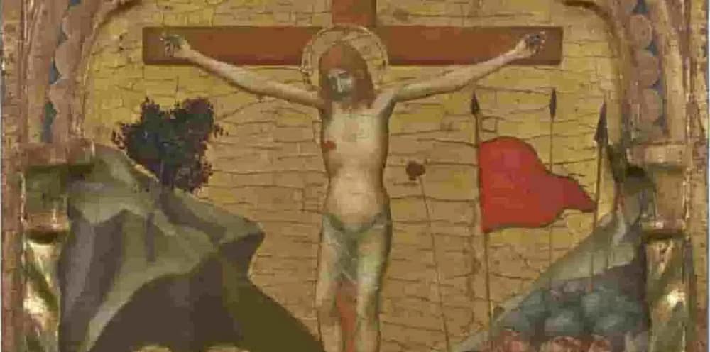 Detail of the Rasini Crucifixion, a rare 14th-Century Italian Painting, is an innovative portrayal of Christ on the cross. It showcases remarkable sculptural qualities, an abstract landscape, and a dynamic composition
