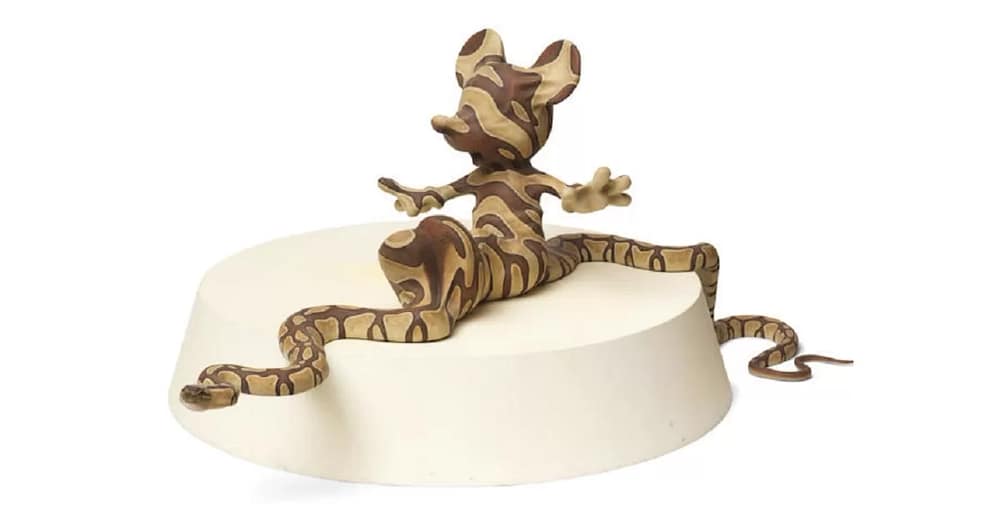 Banksy Mickey Snake portrays the unmistakable outline of Disney’s Mickey Mouse coiled within the jaws of a snake,