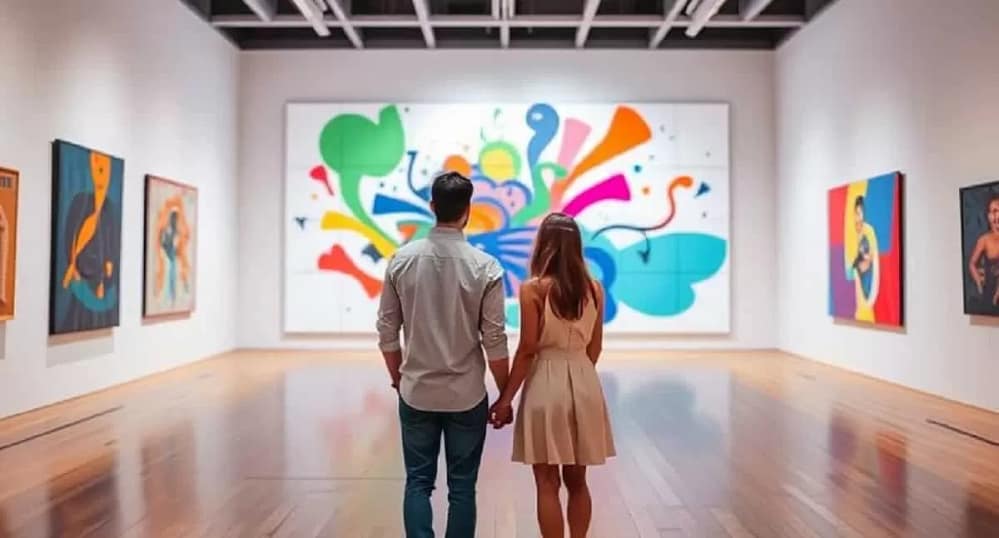 A couple holding hands, gazing at a contemporary art installation in a gallery, surrounded by vibrant colors and abstract forms. An example of art galleries for couples