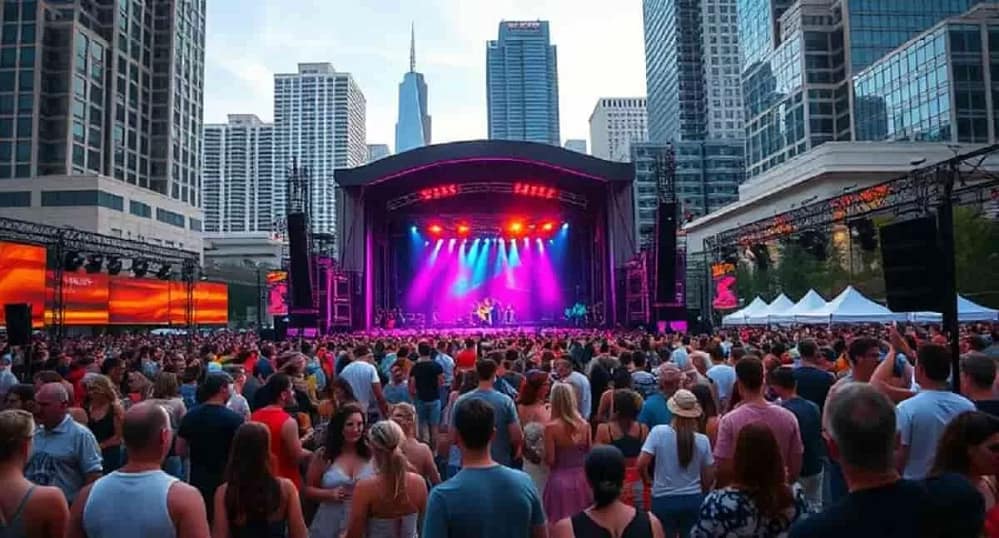A vibrant summer music festival in downtown Chicago with crowds dancing in front of a large stage. These Chicago Festival Safety Tips will keep you safe