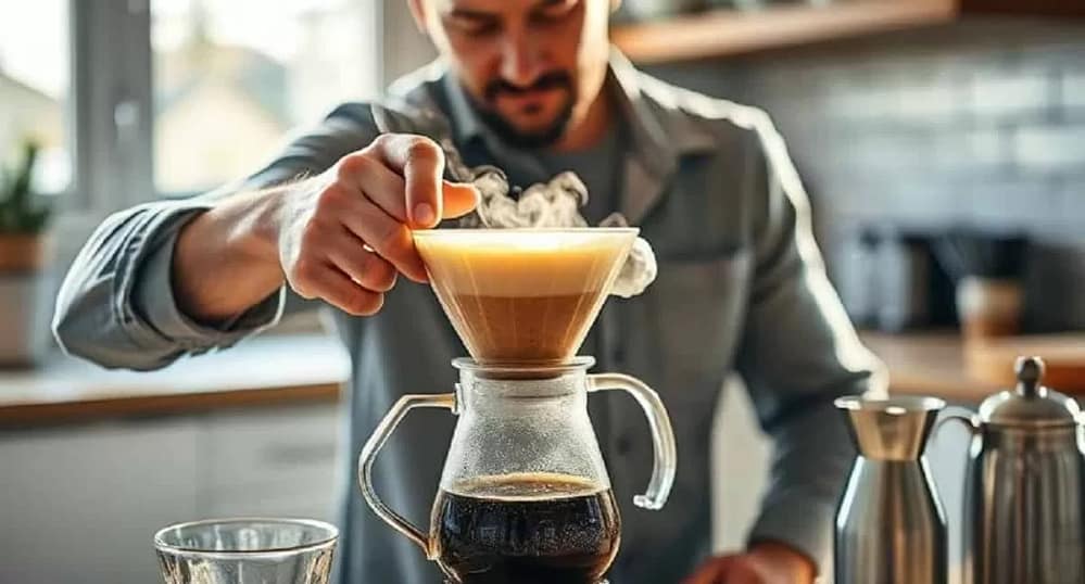 A man preparing a pour-over coffee in his home coffee corner