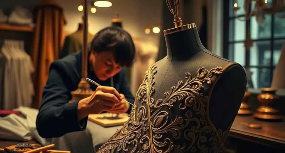 A skilled artisan hand-weaving fabric on a traditional loom in a sunlit studio, surrounded by natural fibers, threads, and handmade tools. Her skills and attention to details is at the core of the question, Is Handcrafted Fashion Elitist?