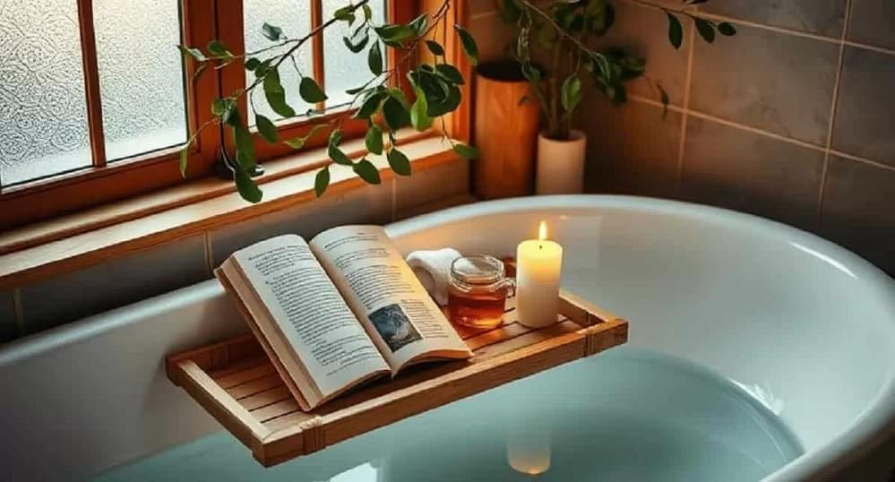 Close-up of a wooden tray on a stone countertop, featuring essential oil bottles, a lit soy candle, and dried lavender bundles. Example of Spa-Inspired Bathroom with Natural Elements