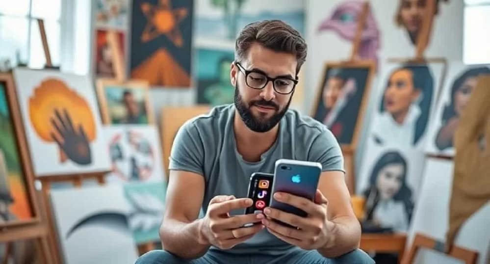 A modern artist sitting in a bright art studio, surrounded by canvases and painting tools, looking at a smartphone screen with multiple social media app icons glowing—Instagram, TikTok, Pinterest, and YouTube. Social media for artists can grow your audience