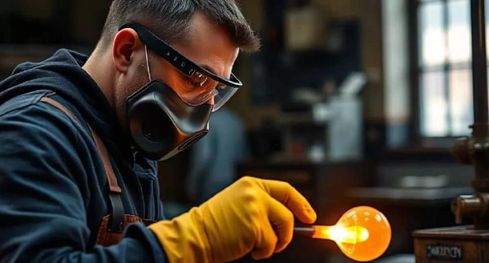 A professional glass blower wearing full protective gear including didymium safety glasses and heat-resistant gloves, working in a well-ventilated studio with molten glass on a rod. Glassblowing Safety: Simple Ways to Stay Safe is very important when creating glass art.