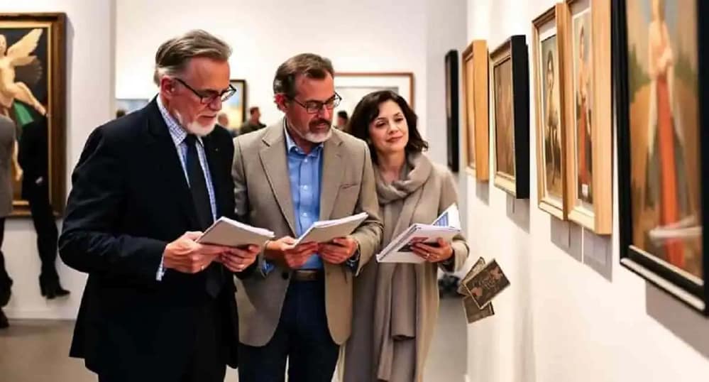 Collectors and museum representatives viewing and discussing artworks, an important element of the art fair ecosystem.