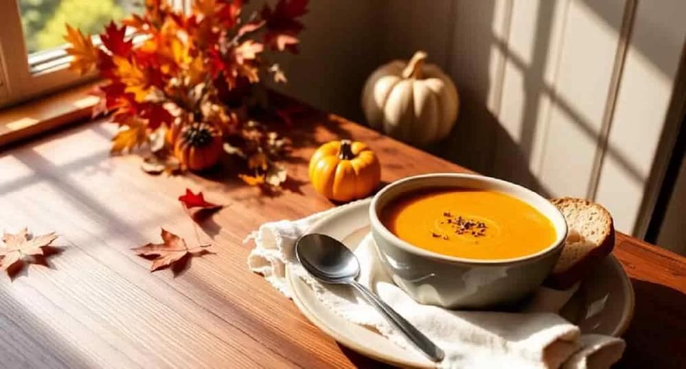Warm bowl of soup with butternut squash soup on a wooden table