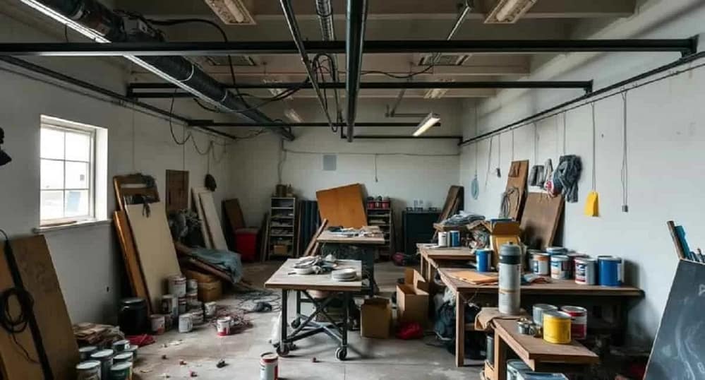 Cluttered garage art studio with scattered paint cans, tools, and canvases under dim, inadequate lighting