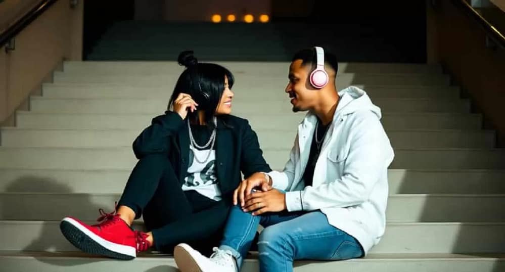 Lovers, a man and a woman, having fun enjoying some of the top rap love songs. They are wearing headphones, and smiling at each other