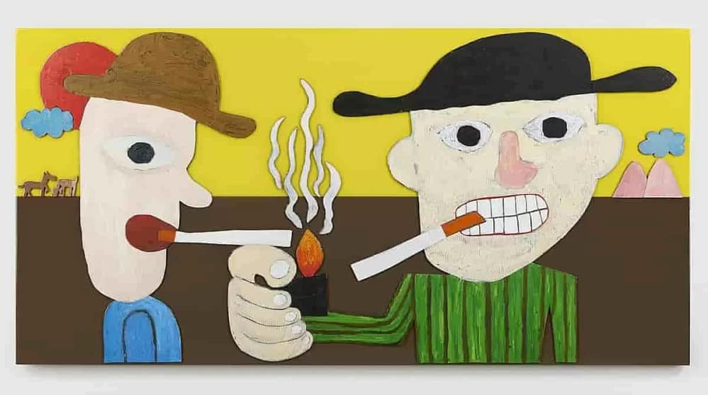 Painting of two men smoking by Hadi Falapishi, in the Edge of the World, one of the art exhibitions at Blum Gallery Los Angeles