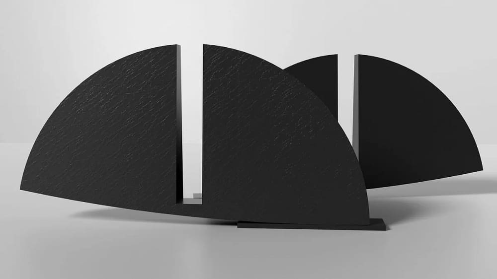Torkwase Dyson Nia sculpture at Art Basel Qatar, steel and wood, curved and vertical forms