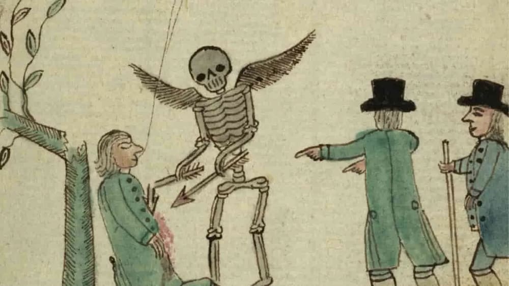 Death attacks a deaf man with fire and an arrow under the directives of a religious zealot. Toxic materials in-manuscript illuminations like this reveals dangers of ancient books