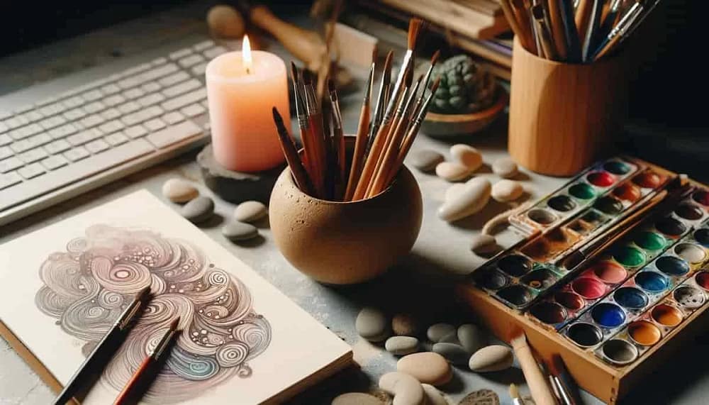 A studio view with painting brushes, drawings, and a lighted candle where it is conducive to practice mindful techniques for artist