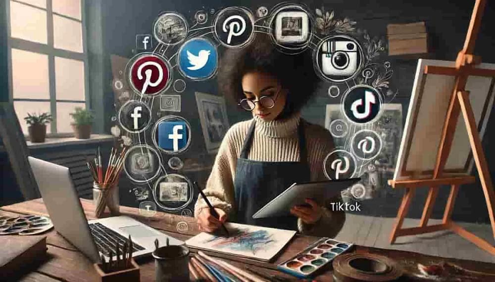 A female artist at work in her studio working on a sketch book. On her table is an easel and a laptop. She also has in her hand a tablet. While she is busy creating her art, she is also engaged in-social media and art marketing strategies, as indicated by all the social media logos around her.