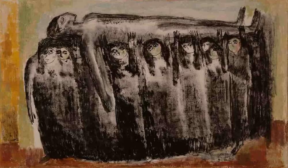 A painting of people carrying a corpse to the grave side titled The Martyr IV by Fatma Arargi. It is done in dry brush strokes of black and white