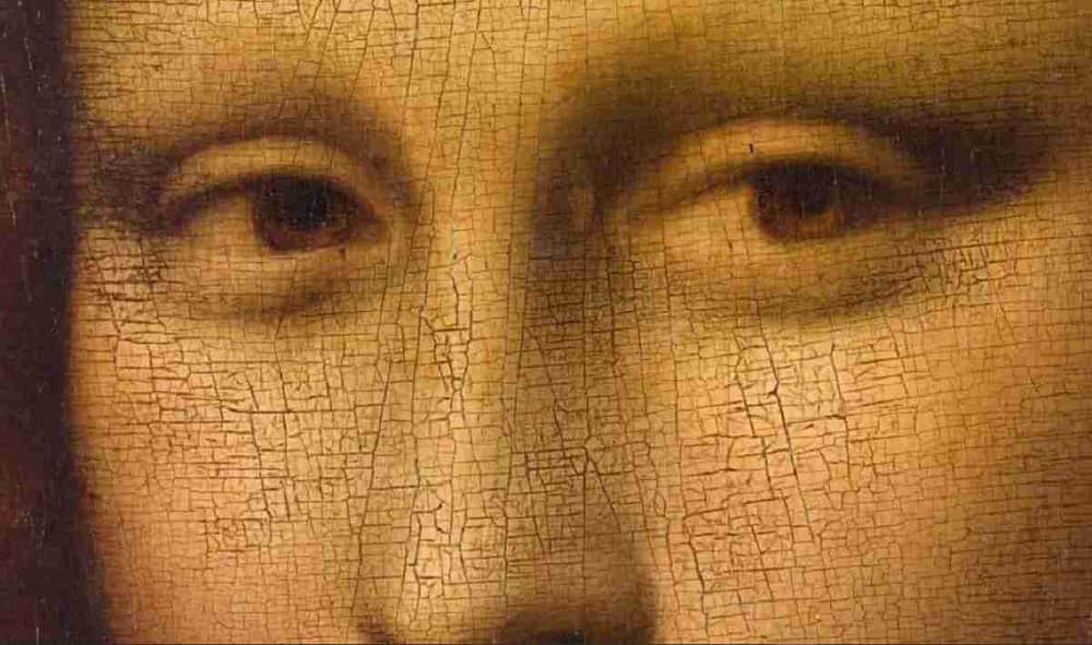 A close-up at Mona Lisa. Mona Lisa- Soup Protest Cause Chaos at the Louvre Museum