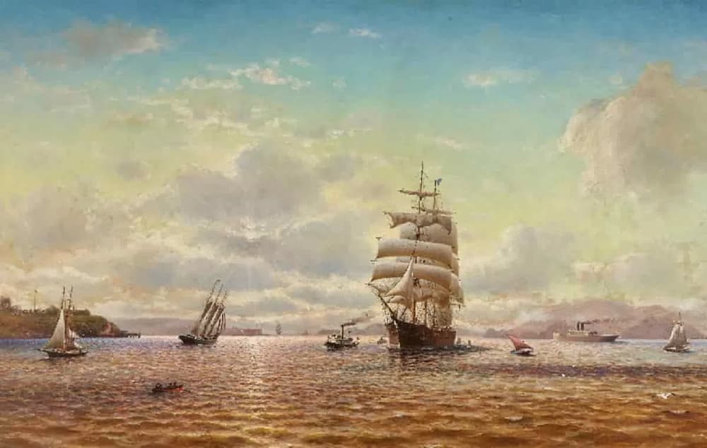 William Alexander Coulter’s (1849-1936) Ships Sailing in the San Francisco Bay with Fort Point in the Distance, one of the works that ensured the stunning Dianne Feinstein auction results.