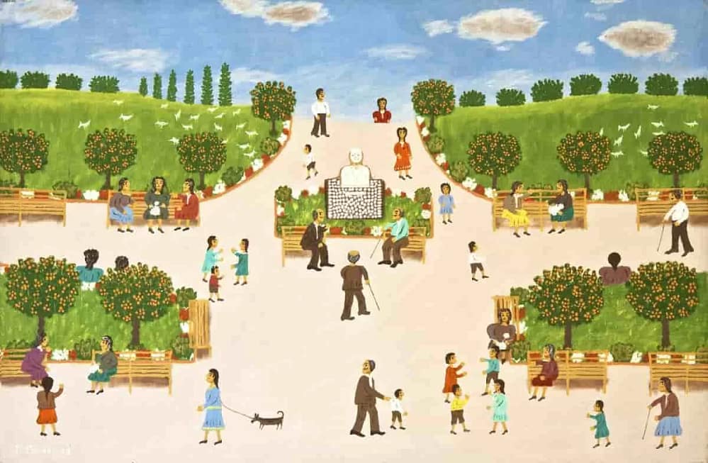 Giorgos Rigas' At The Park, 1989, is an oil on linen painting. It features many people having fun at a park. This is one of the works in the 'SUMMER 25' group show, a landmark Baltimore art exhibition.