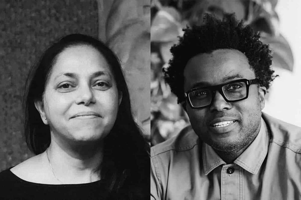 Black and white portrait photographs of Vyjayanthi Rao and Tau Tavengwa, curator of the Sharjah Architecture Triennial 2026