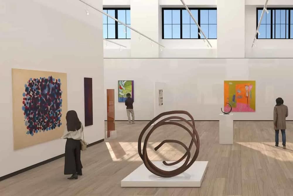 Rendition of Bonhams Steinway Hall Headquarters, New York with art and people looking at artworks