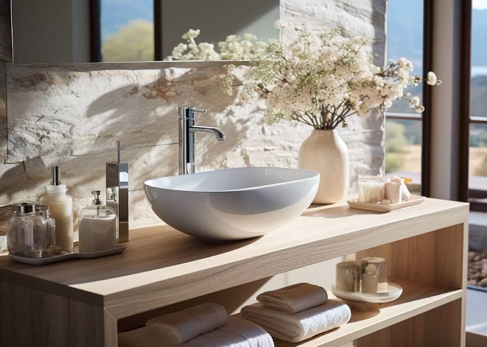 A modern bathroom with a natural stone backsplash and a raised, floating sink. There's hand soap and a plant on the vanity. Beauty and utility are some reasons why natural stone is so popular for home remodels.