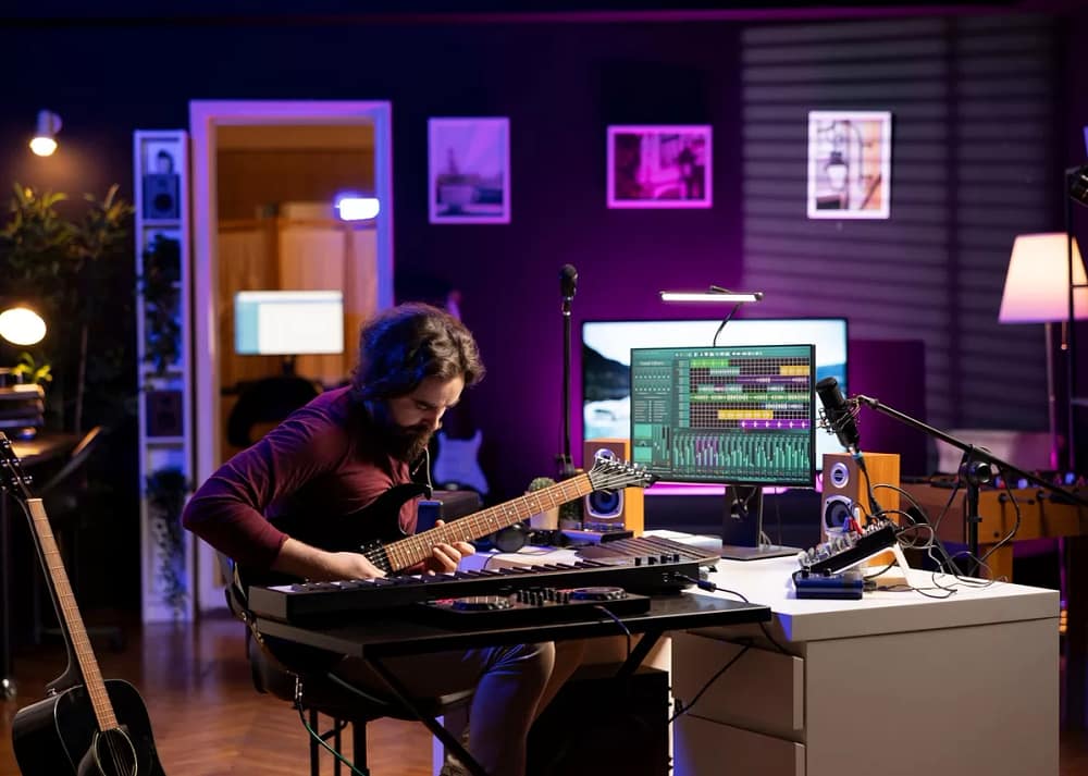 A man sits in his dimly lit home studio, playing the guitar. His computer screen displays a recording track. Archieing a perfect sound requires understanding acoustic design Secrets for home studio sound
