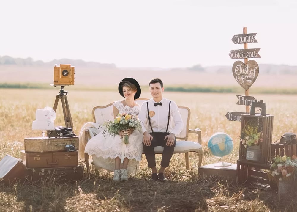 A newlywed couple is outside, sitting on a vintage couch next to vintage props to convey a vintage-style wedding. This is how to curate a vintage-inspired look for your wedding, from attire to themes.