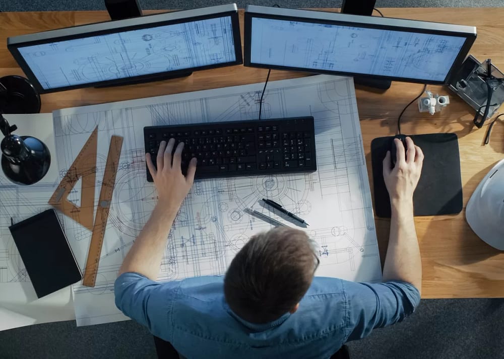 A person at a desk reviews blueprints on dual monitors, with a keyboard, mouse, rulers, and a hard hat nearby.