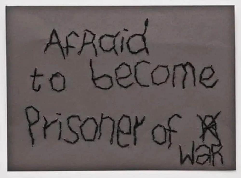 Image: Batia Shani's 'Afraid to become prisoner of war', 2015, embroidered envelope address Middle East issues