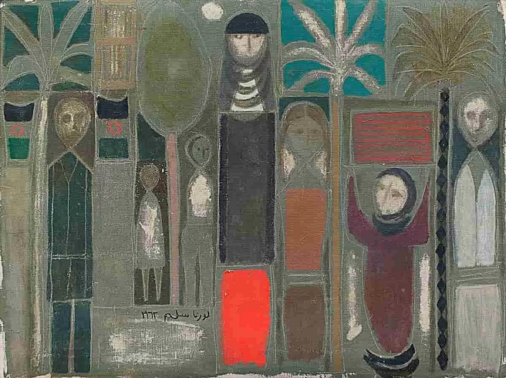 Baghdadiyat, a1962 oil on canvas painting by Lorna Selim, depicts abstracted figures of women standing in architectural spaces. This is one of the showings of the impact of the Baghdad Modern Art Group in the exhibition All Manner of Experiments: Legacies of the Baghdad Modern Art Group