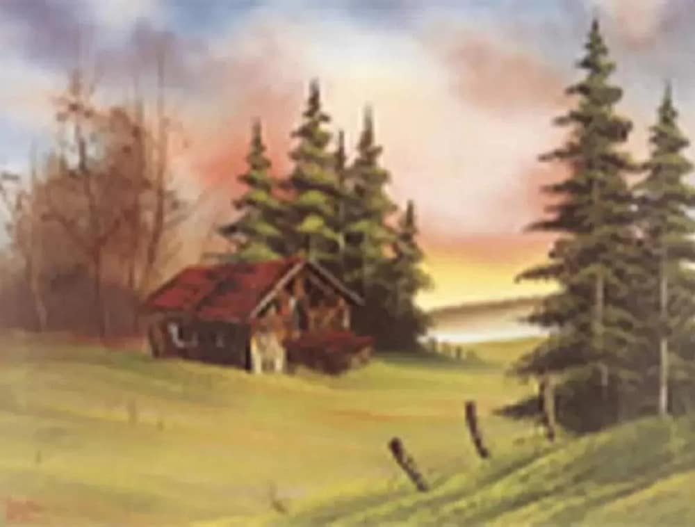 Bob Ross Cabin at Sunset one of the major work Bob Ross Auction for Public Broadcasting