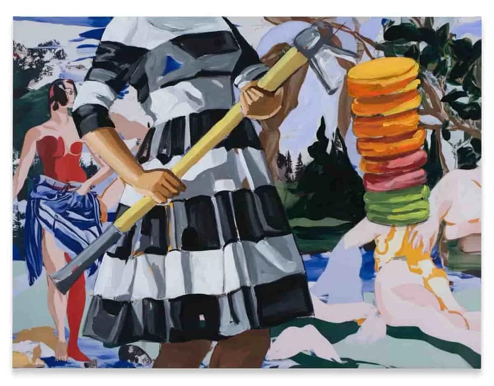 David Salle painting controversy—Hatchet artwork showing a headless woman holding an axe with colorful pancakes in the foreground at Sprüth Magers Los Angeles.