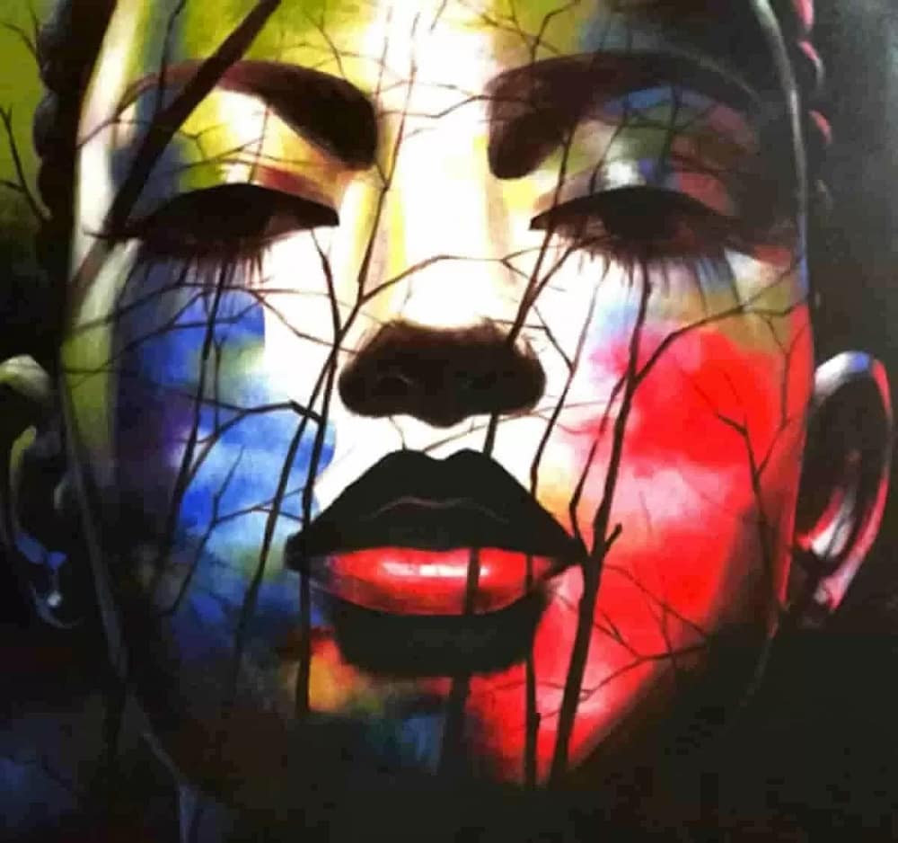 All the Leaves are on the ground is a surrealistic and colorful portrait of a woman looking into the sky in search of hope. The title of Uche Edochie's philosophical art exhibition comes from this painting.