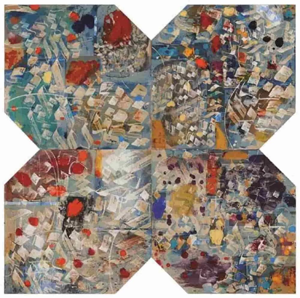 An abstract painting titled by X Shape I by Tarek-Montasser from the exhibition Geometry of Chaos