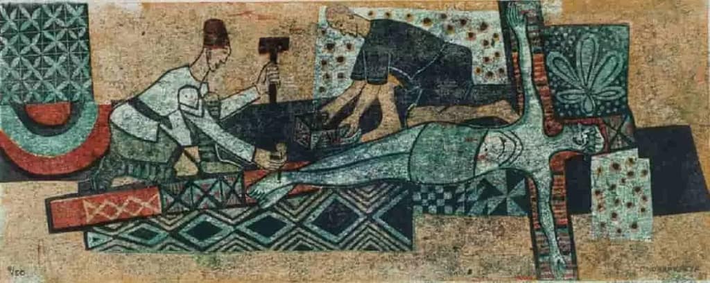 Station XI: They nail Jesus to the cross, 1969, linoleum block print on rice paper by Bruce Onobrakpeya, depicts the crucifixion of Jesus using Nigerian motifs.