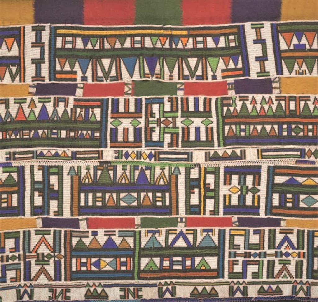 A colorful Married Woman's Blanket Cape (Ngurara) from Mid-20th century from the Ndebele region, South Africa is in African Art and the Matrilineage, one of the exhibitions at the Baltimore Museum of art celebrating female artists