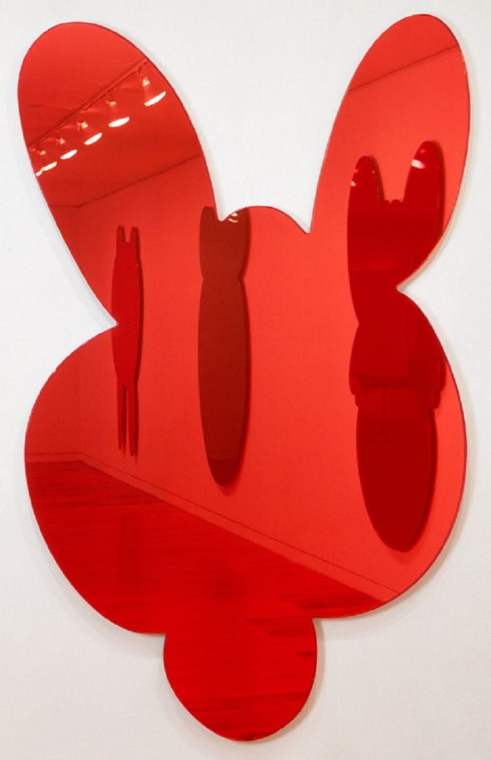 Image: Jeff Koons, Kangaroo- Red- 1999 is a two dimensional sculpture made from crystal glass, mirrored glass, carbon fiber, foam, colored plastic interlayer, and stainless steel is on display at the Whitney Museum of American Art