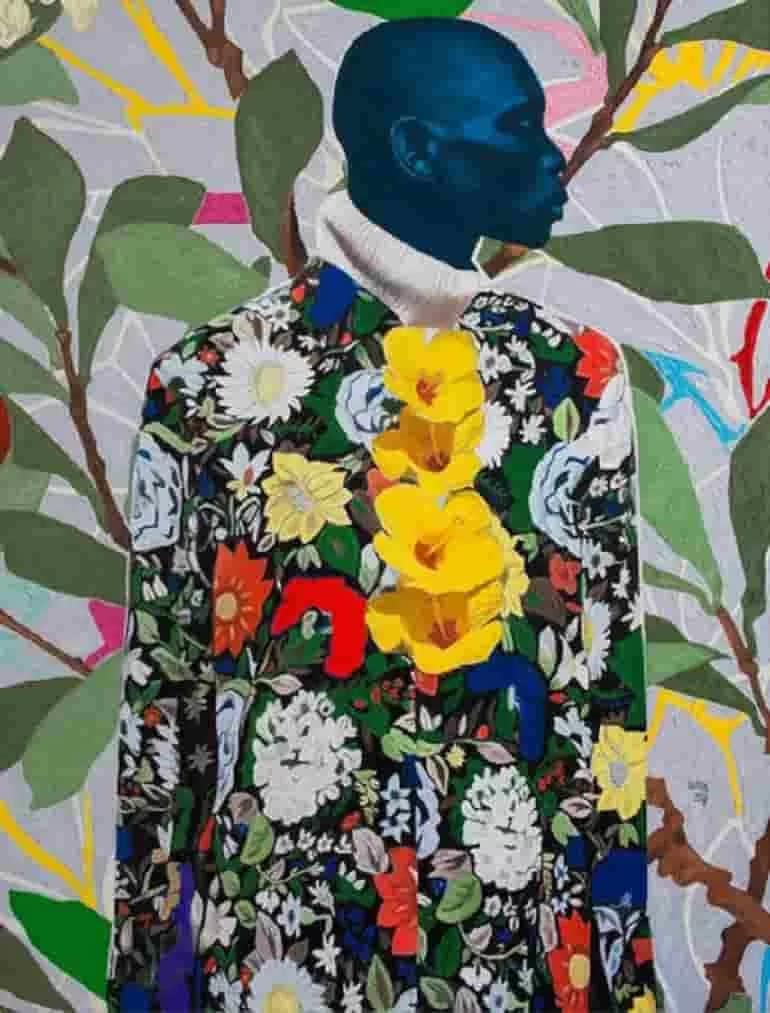 Thoughts of Longing by Wole Lagunju has a male figure wearing flowery shirt. He stands before a background of flowers that project his image.