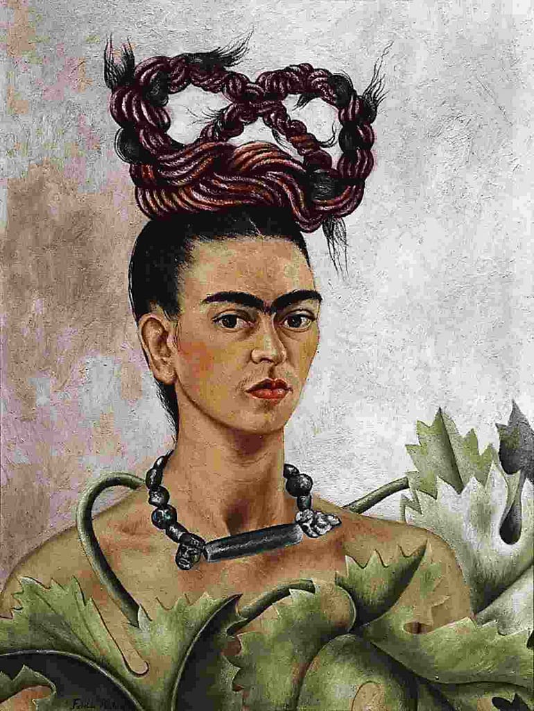 Image: Self-Portrait with Braid, a 1941 oil on board by Mexican artist Kahlo