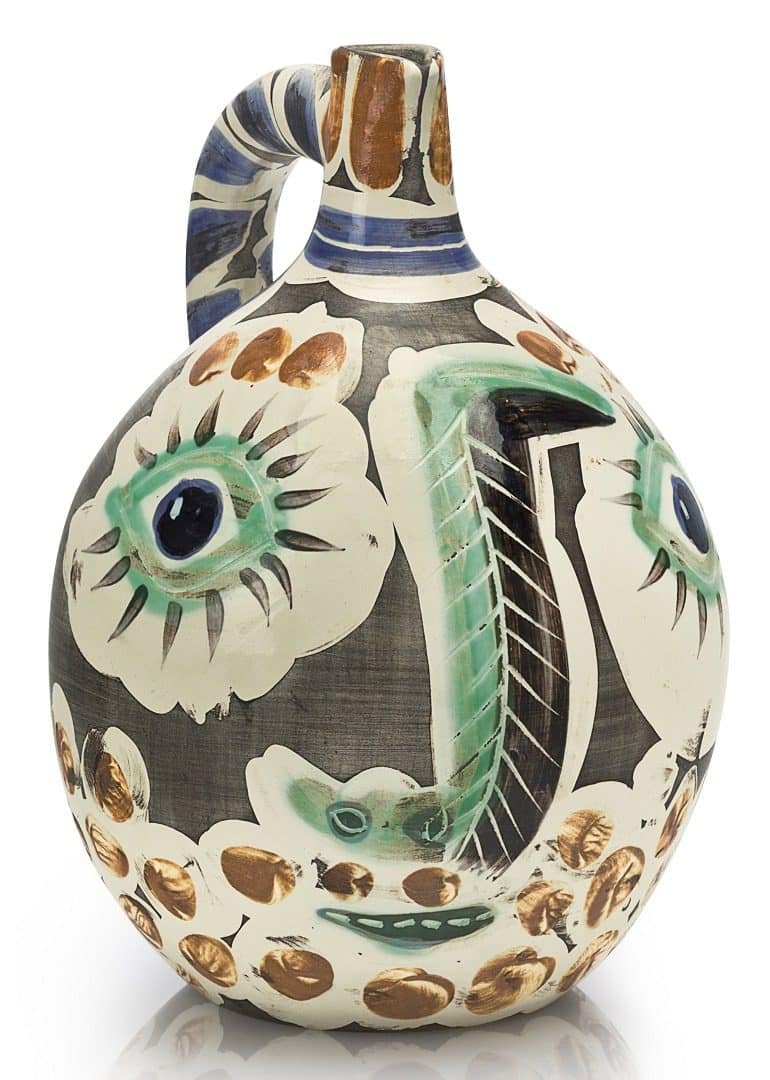 Image: Pablo Picasso, Visage au nez noir is well decorated ceramic vase with eyes and bullfighting -Ceramics Art