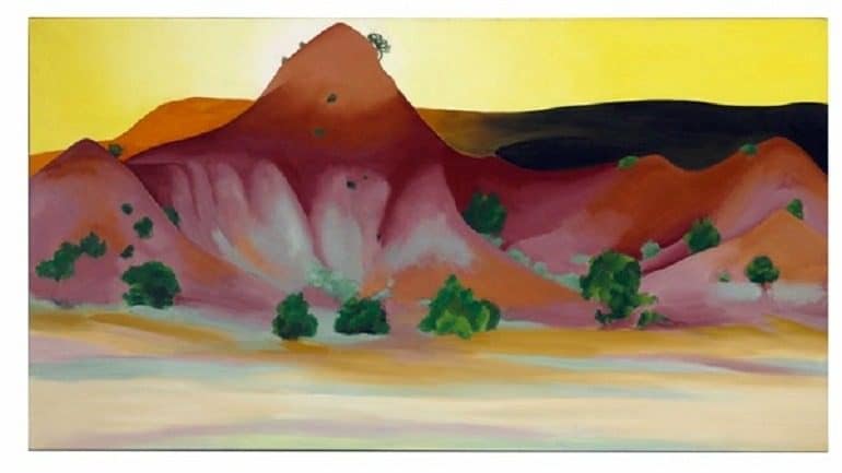 Image: Oil on canvas landscape painting titled Hills and Mesa to the West by Georgia O'Keeffe (1887-1986), sold at Christie's auction of American art in New York