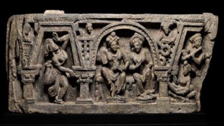 Image: Siddhartha with His Wife, Gandhara, 3rd–4th century, grey schist is one of the works on exhibit at Fine Art Asia