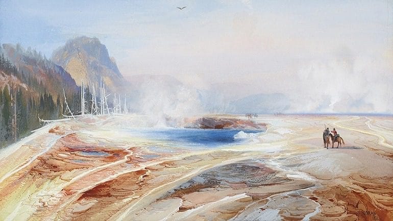 Image: Big Springs in Yellowstone Park, a Watercolor and opaque watercolor on paper, is one watercolor paintings on display at the Philadelphia Museum of Art
