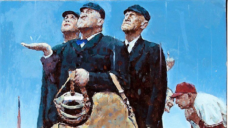 Image: Details of a painting by Norman Rockwell of Beans Reardon for the Saturday Evening Post that sold for over a million dollars during Heritage sports auction