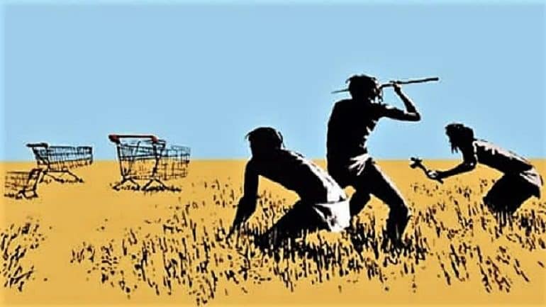 Image: Stolen Banksy print titled Trolley Hunters depicts crouching men in loin cloths armed with stone-tipped wooden spears and axes hunting grocery shopping carts in a lush field