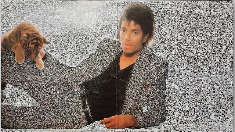 Image: Graham Dolphin's Thriller (Black and White) combines line writing and painting to recreate the image of Michael Jackson taken from the cover of the album Thriller