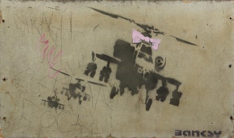 Image: Happy Choppers by Banksy shows is a great example of Banksy art sold at the Julian's Auctions