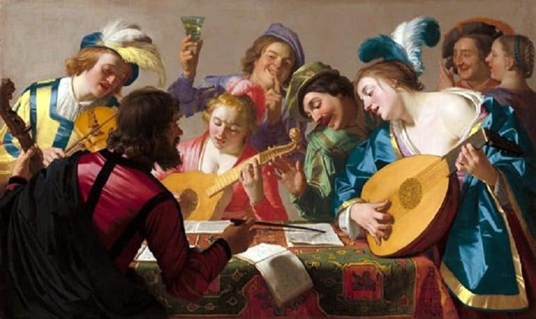 Concert -Image: ‘The Concert’, a Dutch Masterpiece by Gerrit van Honthorst on view at the National Gallery of Art is a large original painting depicting a group of brightly dressed musicians and singers cheerfully following the lead of a concertmaster.